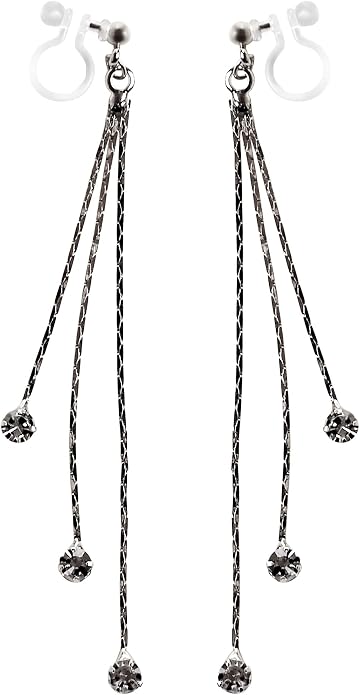 Dangle Silver Invisible Clip On Earrings for Women Not Pierced Gold Crystal Rhinestone Comfortable Hoop Fringe Long Chain Clip On Earrings