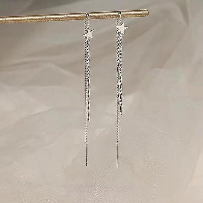 925 Sterling Silver Tassel Chain Dangle Earrings for Women Sparkling Long Fringe Dangle Drop Earrings Bling Line Minimalist Wedding Studs Earring Jewelry Birthday Christmas Gifts for Her