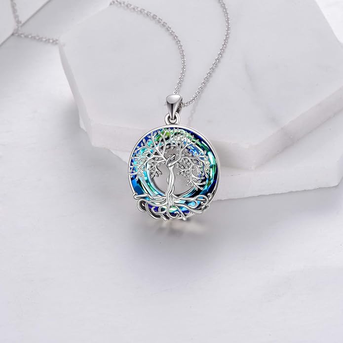 ONEFINITY Tree of Life Necklace for Women Sterling Silver Abalone Shell Crystal Tree of Life Pendant Necklace Family Tree Jewelry for Mom Daughter Sister Girls Christmas Gifts