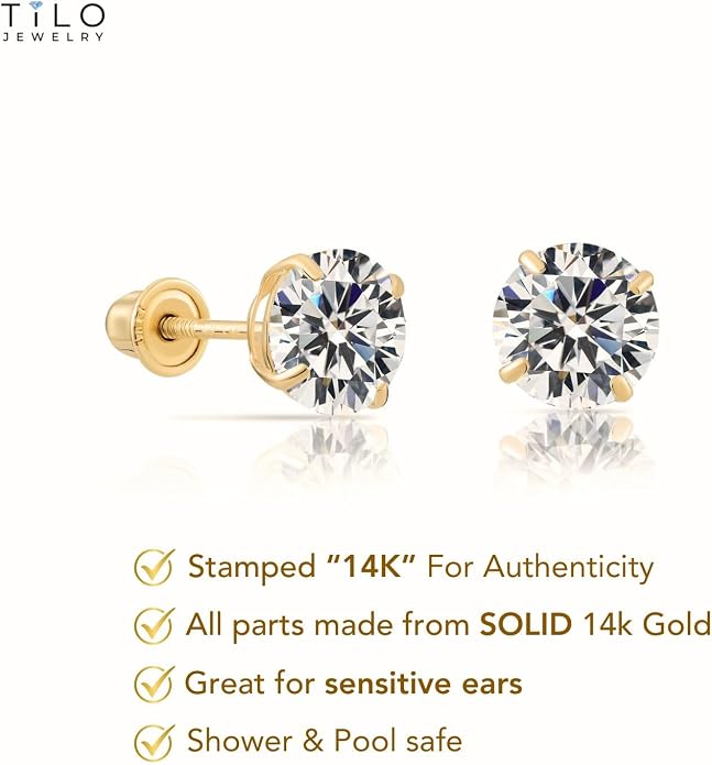 14k Yellow Gold Solitaire Round Cubic Zirconia Stud Earrings in Secure Screw-backs