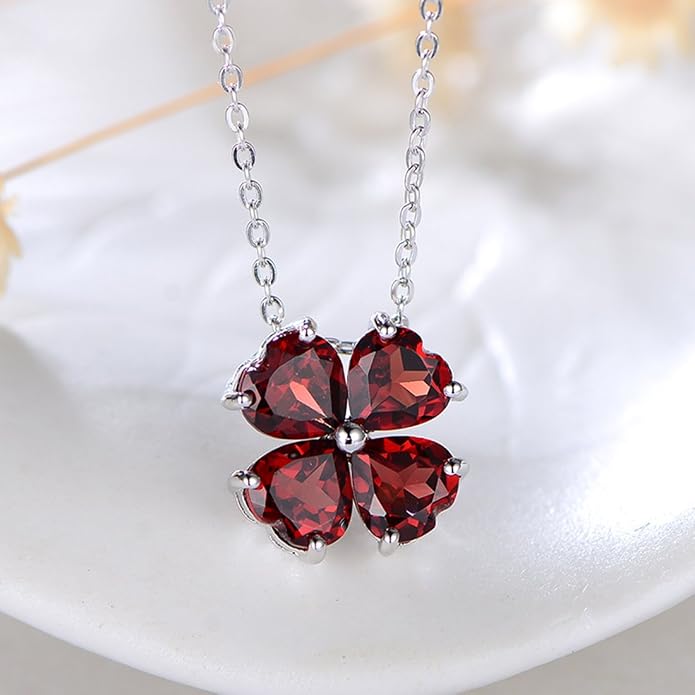 JIANGXIN Colorful Birthstone 925 Sterling Silver Handmade Pendant Necklace for Women Lucky Four Leaf Clover Plant Shamrock Jewelry Rhodium Plated