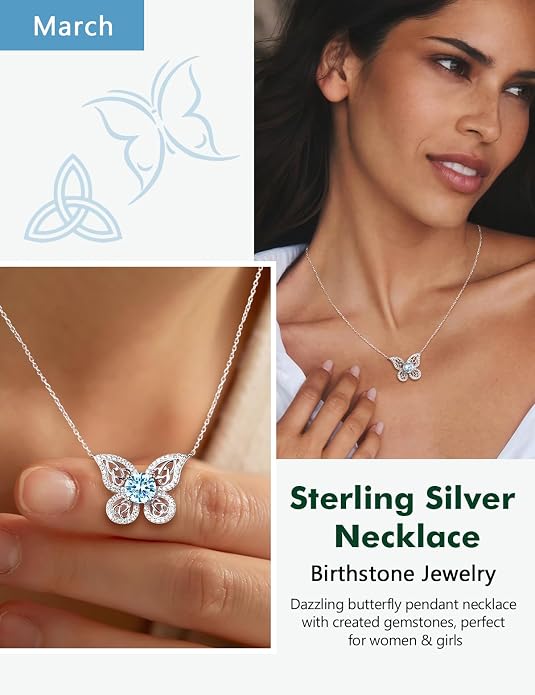 925 Sterling Silver Birthstone Necklaces for Women, Dainty Cute Dragonfly/Butterfly Pendant Necklace, Great Christmas/Anniversary Jewelry for Mother
