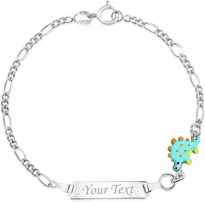 UNICORNJ 925 Italy Sterling Silver Child or Baby Name Bracelet Girls Boys, Personalized Engraved Kids ID Bracelets, 6.5" Figaro Chain, Enamel Charm Newborn Infant Toddler Kid Jewelry