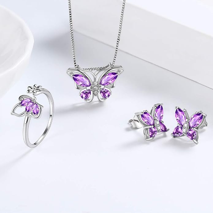 Aurora Tears Butterfly Jewelry,Women 925 Sterling Silver Butterflies Birthstone Pendant Necklace/Earrings/Rings Wedding Gift