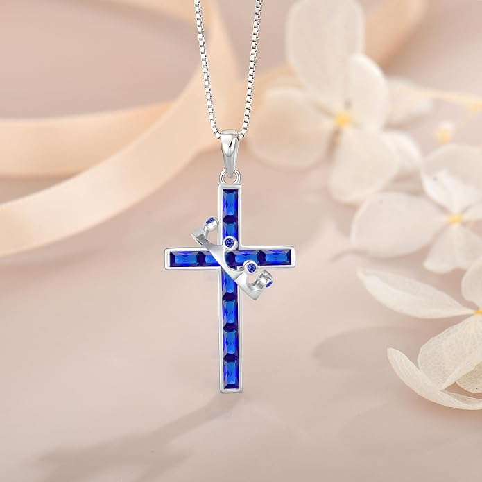 Gemstone Crown Cross Necklaces for Women, 925 Sterling Silver Rectangular cut Zircon Pendant With Rotated Crown Faith Cross Jewelry Gift