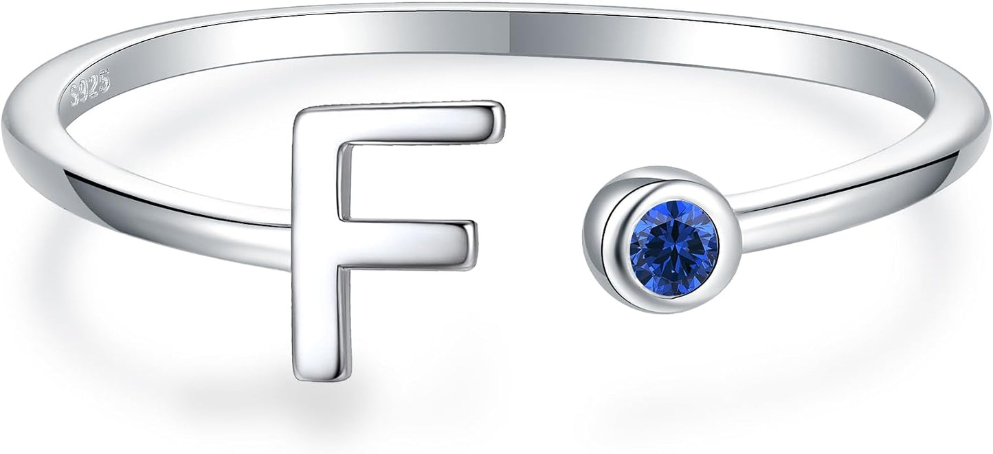 925 Sterling Silver Initial Letter Birthstone Rings for Women Adjustable 1-12 Month Birthstone Alphabet Stacking Ring for Teens Girls Stackable Birthstone Rings Birthday Jewelry Gift for Daughter Mom