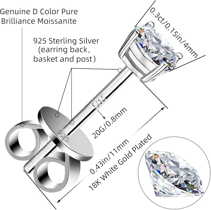 Moissanite Stud Earrings GRA 925 Sterling Silver Earrings for Men 18K White Gold Plating Earrings for Women,wedding earrings(0.3Ct-4Ct)