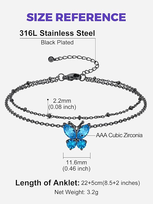 Richsteel Double Layer Heart/Butterfly Birthstone Anklet for Women Non Tarnish Waterproof, Silver/Gold/Black Stainless Steel 8.5-10.5 Inch Adjustable Chain Anklets Jewelry Gifts for Her