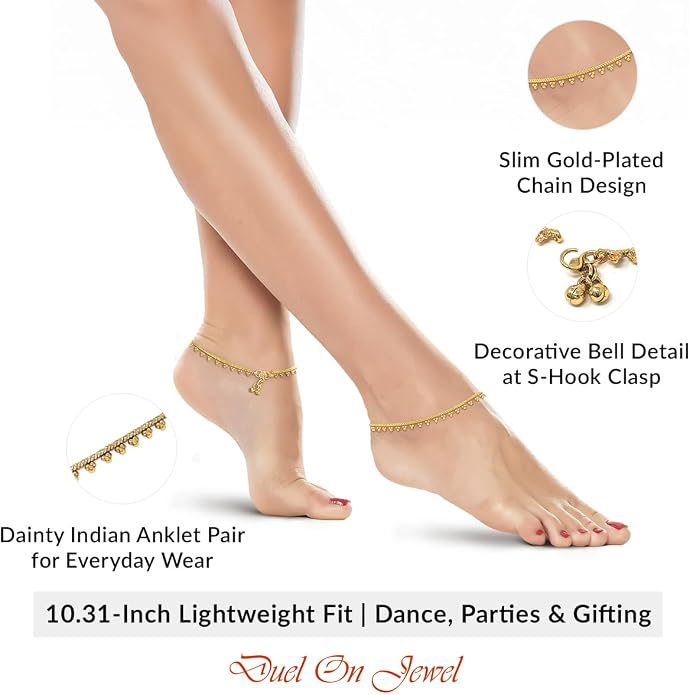 Duel On Jewel Gold Payal Set for Women, Indian Paayal Jhanjar Chain Anklets with Bell Detail, Foot Jewelry Pair, 10 Inch Comfort Fit, Traditional & Dainty Styles for Wedding Beach Everyday Gift