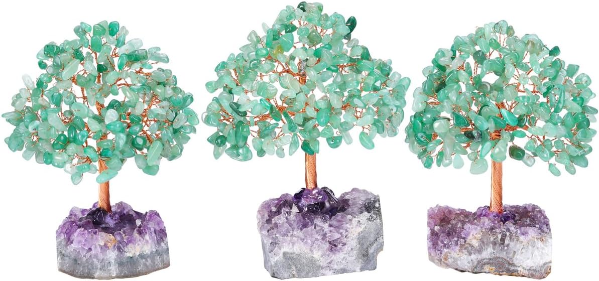 Jovivi Natural Green Aventurine Healing Crystal Money Tree on Amethyst Cluster Geode Druzy Base Feng Shui Crystals for Home Office Desk Decorations, Wealth, Good Luck