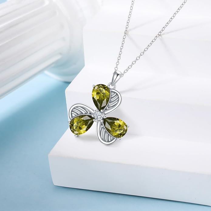 925 Sterling Silver Birthstone Clover Necklace Women’s Shamrock Dainty Flower Pendant Choker Necklace Cute Peridot Gemstone Flower Birthday Christmas Jewelry for Mom Wife