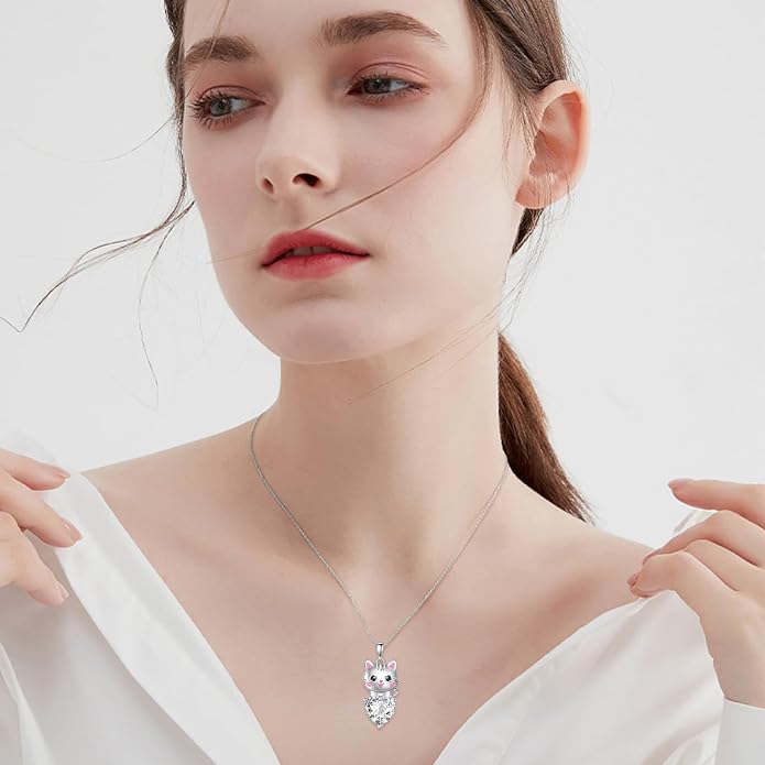 Bat/Cow/Cat/Bunny Necklace 925 Sterling Silver Heart Animal Pendant Necklace for Women