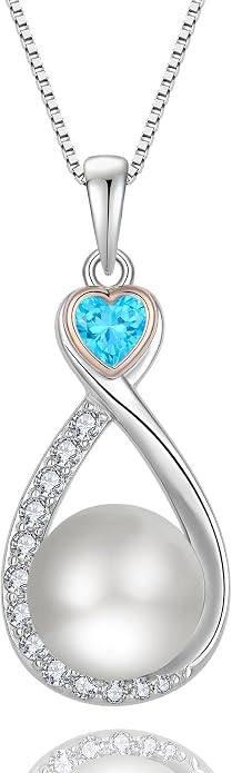 Heart Birthstone Pearl Pendant Necklace, 925 Sterling Silver Infinity Necklace with 10mm Freshwater Cultured Pearl & 4mm Gemstone Jewelry for Women