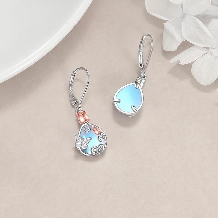 AOBOCO Teardrop Dangle Earrings for Women 925 Sterling Silver Moonstone Flower Filigree Leverback Jewelry Birthday