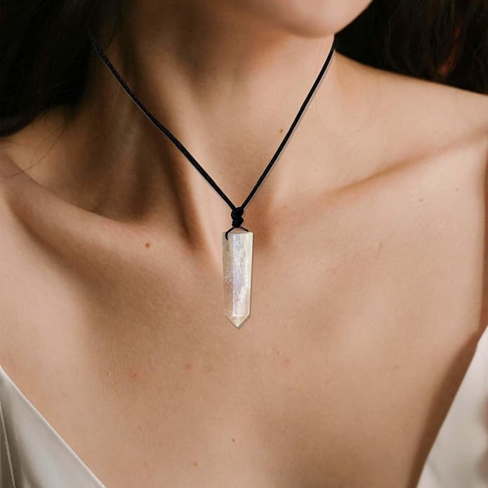 Runyangshi Healing Crystal Pendants, Single Pointed Natural Crystal Quartz Necklace 6 Faceted Chakra Crystal Wand Stone Reiki Energy
