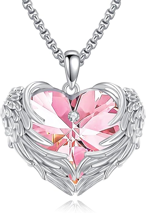 Angel Wings Necklace for Women 925 Sterling Silver Birthstone Guardian Necklace Jewelry Angel Wings Moonstone, Crystal Pendant Jewelry Gifts
