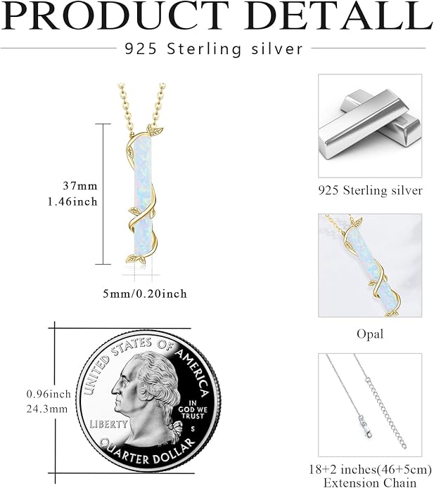 Bar Opal Leaf Necklace For Women S925 Sterling Silver White Opal Pendant with Leaf Charm Bar Pendant Jewelry Gift For Mom Daughter Wife