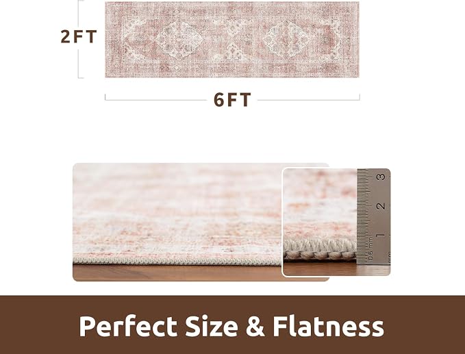 AMOAMI-2X6 Runner Rug-Washable Runners for Hallways-Soft Non Slip Bedside Rugs for Bedroom-Vintage Long Rug for Hallways Entryway Laundry Room Stair Kitchen Bathroom Pink