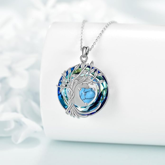 POPLYKE Mothers Day Gifts for Mom Her Wife Tree of Life Necklace 925 Sterling Silver Birthstone Pendant with Crystal Anniversary Birthday Wedding Jewelry for Women