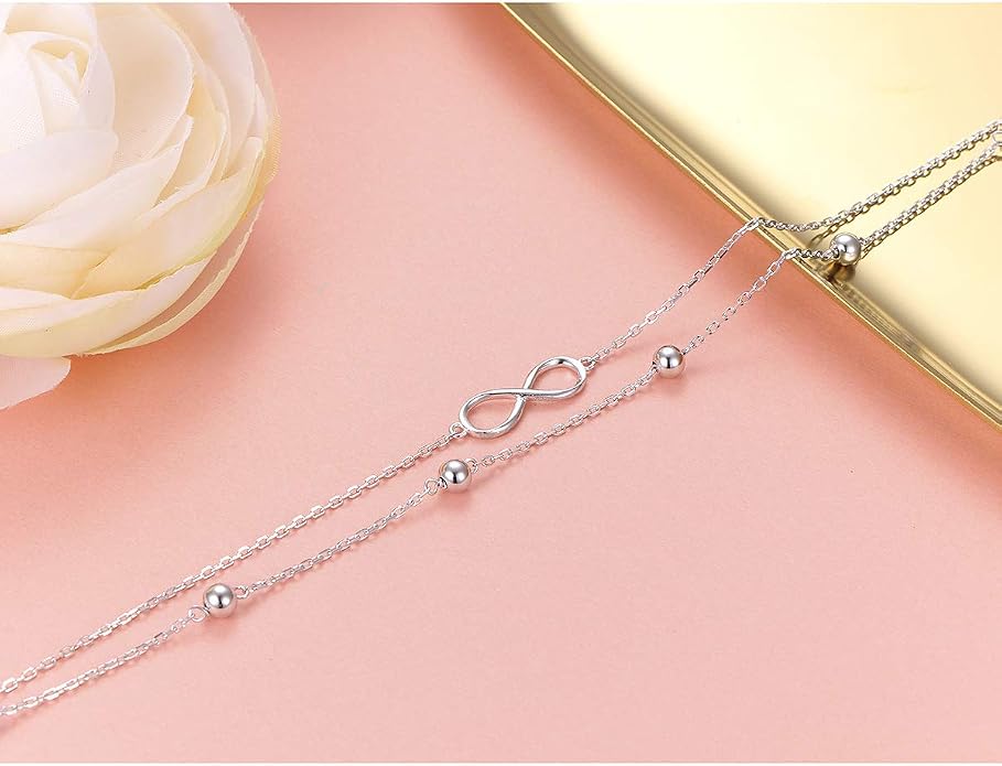 Flyow Anklet for Women S925 Sterling Silver Adjustable Foot Beaded Heart Charm Ankle Bracelet Anklets Jewelry