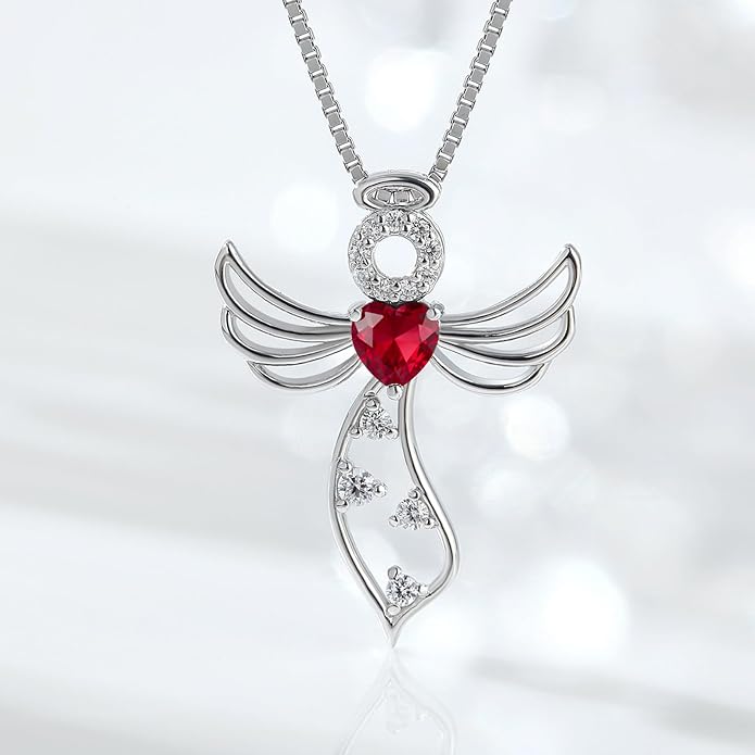 925 Sterling Silver Guardian Angel Pendant Necklace for Women - Birthstone Cubic Zirconia, 18" Chain, Gift for Her