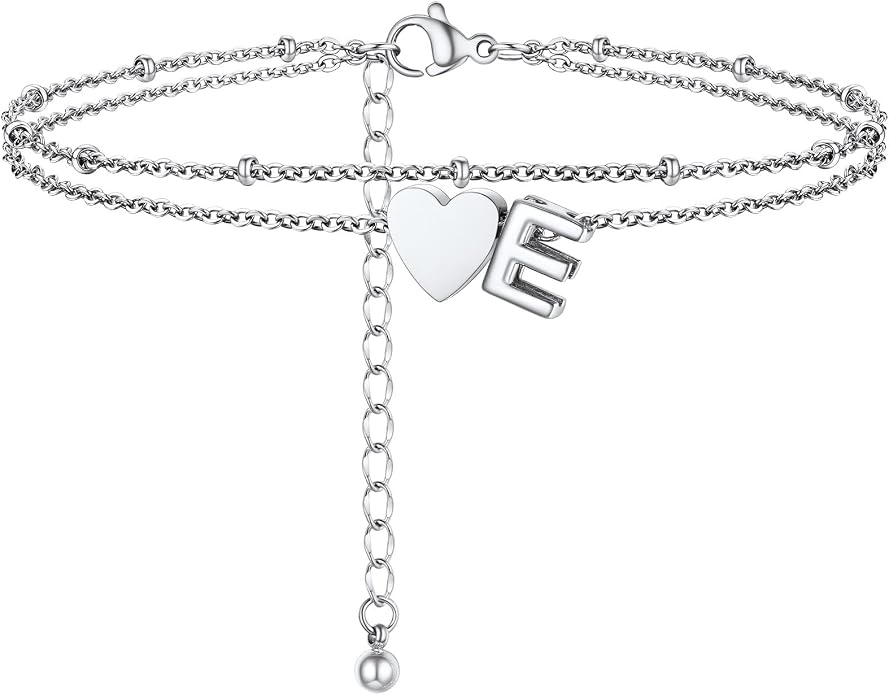 Initial Ankle Bracelets for Women, Dainty Stainless Steel Letter A-Z Layered Anklets, Heart Ankle Bracelet 8.5"-10.5" Adjustable, Summer Beach Jewelry, Come with Box