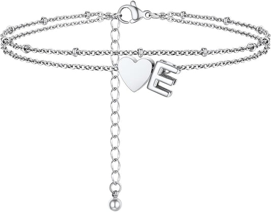 Initial Ankle Bracelets for Women, Dainty Stainless Steel Letter A-Z Layered Anklets, Heart Ankle Bracelet 8.5"-10.5" Adjustable, Summer Beach Jewelry, Come with Box