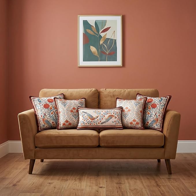 patdrea Designer French Velvet Throw Pillow Cover,Set of 4,-Moritz ABAC | Elegant Lumbar Pillow Case,Rust Red Floral and Bird Pattern,Decorative Pillow Cover for Couch Living Room Bedroom