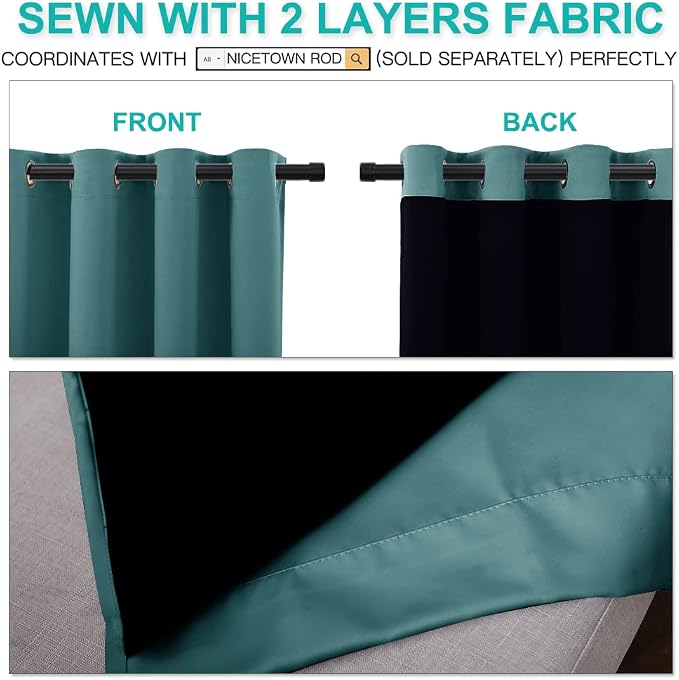 NICETOWN Complete 100% Blackout Curtain Set, Thermal Insulated & Energy Efficiency Window Draperies for Guest Room, Full Shading Panels for Shift Worker and Light Sleepers, Sea Teal, 52W x 84L, 2 PCs
