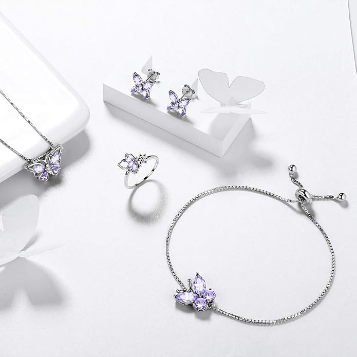 Aurora Tears Butterfly Jewelry,Women 925 Sterling Silver Butterflies Birthstone Pendant Necklace/Earrings/Rings Wedding Gift