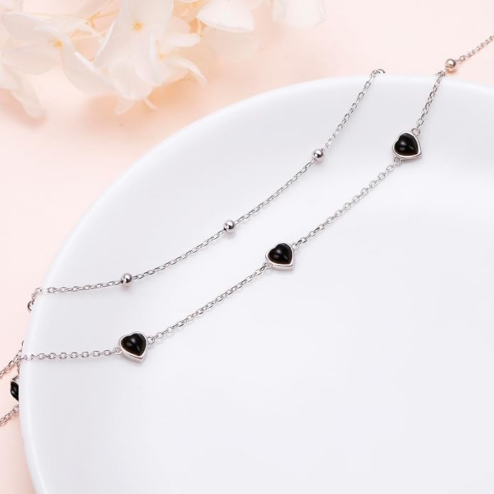Flyow Anklet for Women S925 Sterling Silver Adjustable Foot Beaded Heart Charm Ankle Bracelet Anklets Jewelry