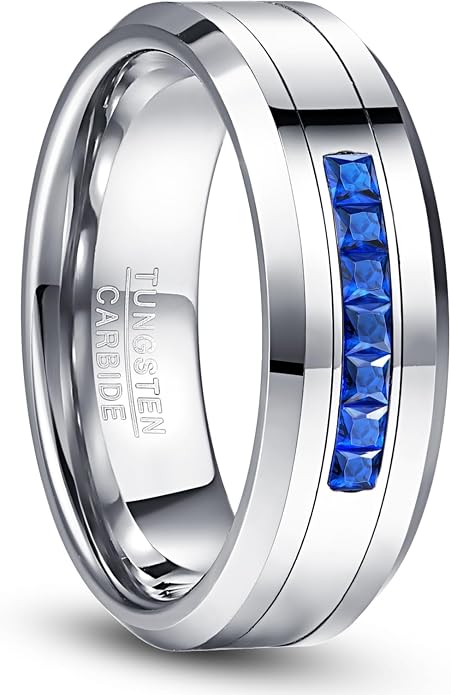 NUNCAD 8 MM Men's Tungsten Carbide Rings Wedding Band with 7 Large Channel Set Cubic Zirconia Size 7 to 12