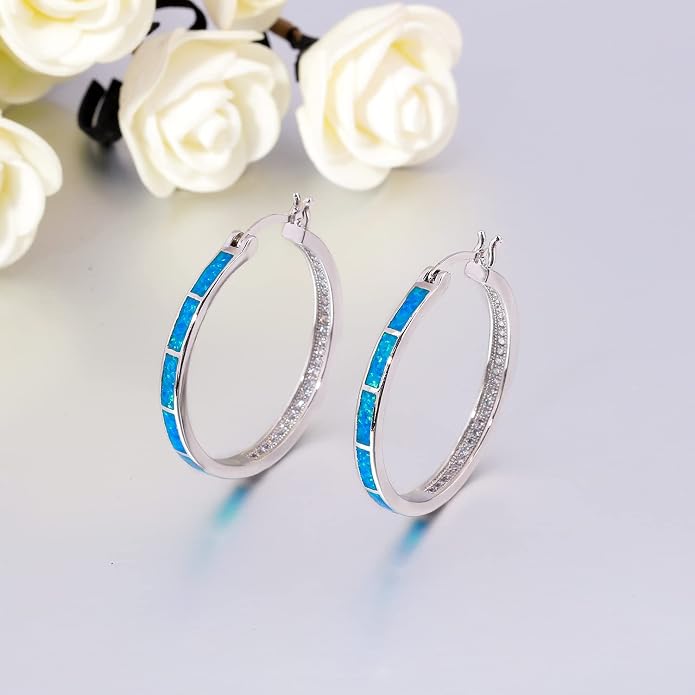 CiNily Opal Hoop Earrings,Women Jewelry Rhodium Plated/Rose Gold or Yellow Gold Plated Gemstone Big Hoop Earrings 32mm