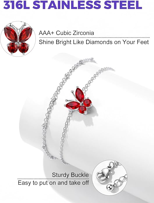 Richsteel Double Layer Heart/Butterfly Birthstone Anklet for Women Non Tarnish Waterproof, Silver/Gold/Black Stainless Steel 8.5-10.5 Inch Adjustable Chain Anklets Jewelry Gifts for Her