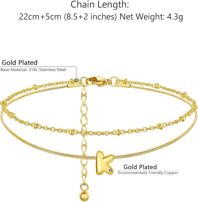 ChainsProMax Initial Ankle Bracelets for Women, Waterproof Anklets Bracelet Adjustable Summer Beach Women Foot Jewelry, Stainless Steel/Gold Plated-Send Gift Box/Letter A-Z