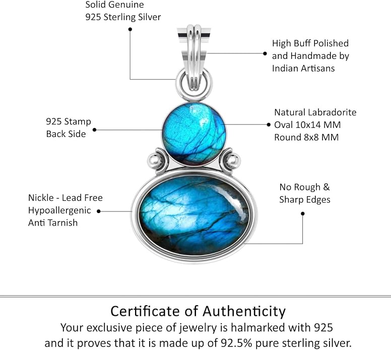 Handmade Genuine 925 Sterling Silver Pendant Necklace Natural Gemstone Crystal, Lapis, Onyx, Amber Oval Round Boho Jewelry For Women