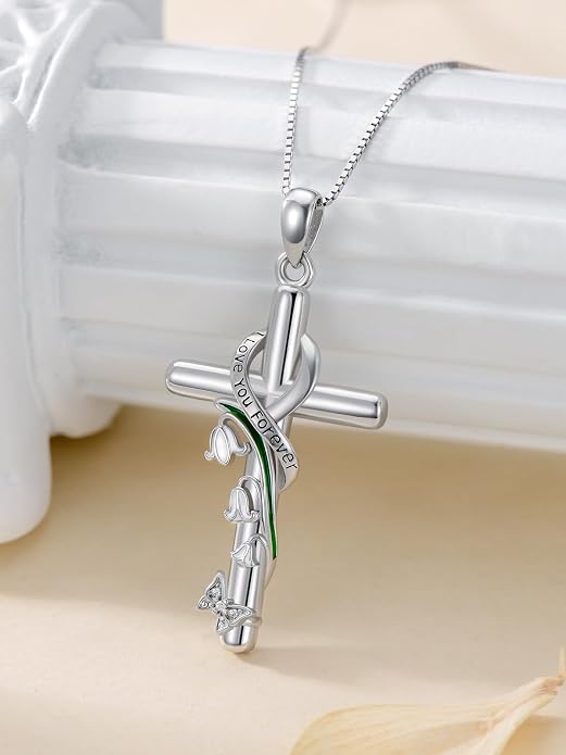Cross Necklace for Women 925 Sterling Silver I Love You Necklace Religious Jewelry with Gift Box for Mother Daughter