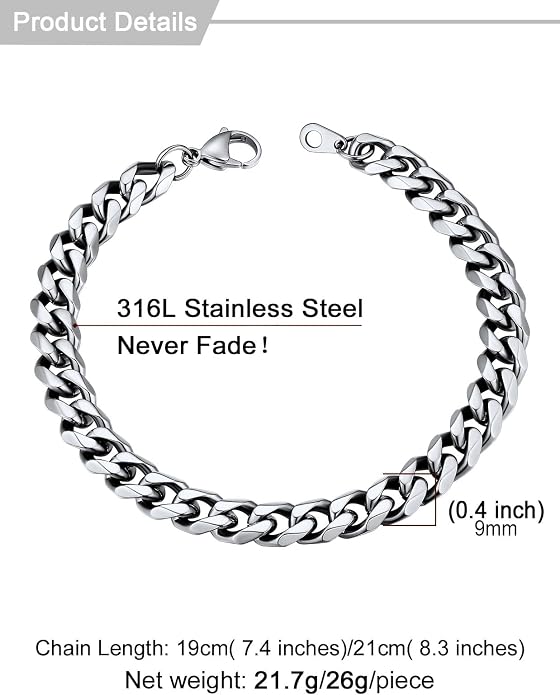 U7 Link Bracelets for Men, Cuban Link/Rope/Watch Band Solid Bracelet, Silver Black Gold Color Wrist Bracelet 3/6/9/12/15mm Width, 6.5/7.5/8.3 Inch Length, Hand Chain Jewelry for Mens Women