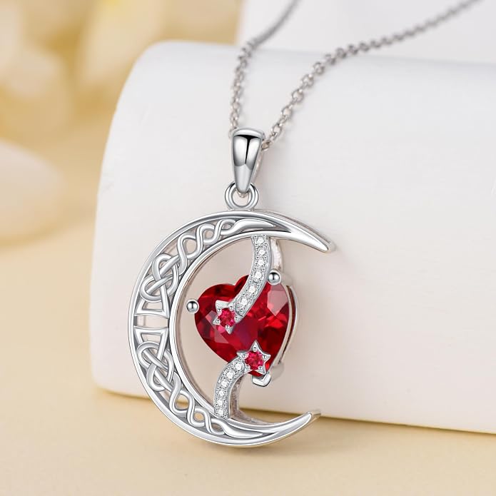 TOUPOP Moon and Star Birthstone Necklace for Women 925 Sterling Silver Celtic Moon Jewelry Birthday Mothers Day Gifts for Mom Wife Her