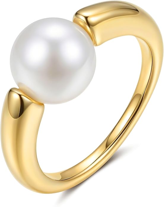 YeGieonr Non Tarnish Gold Signet Rings for Women - Waterproof 18K Gold Plated Stainless Steel Pearl Ring, Statement Ring for Everyday Wear