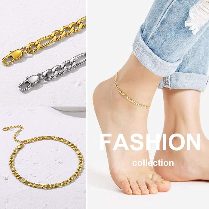 GoldChic Adjustbale Link Chain Anklet for Women Summer Jewelry, 316L Stainless Steel Figaro/Wheat/Twist Rope/Cuban Foot Bracelet-Waterproof, Resizable 9"-12" (Gift Box Included)