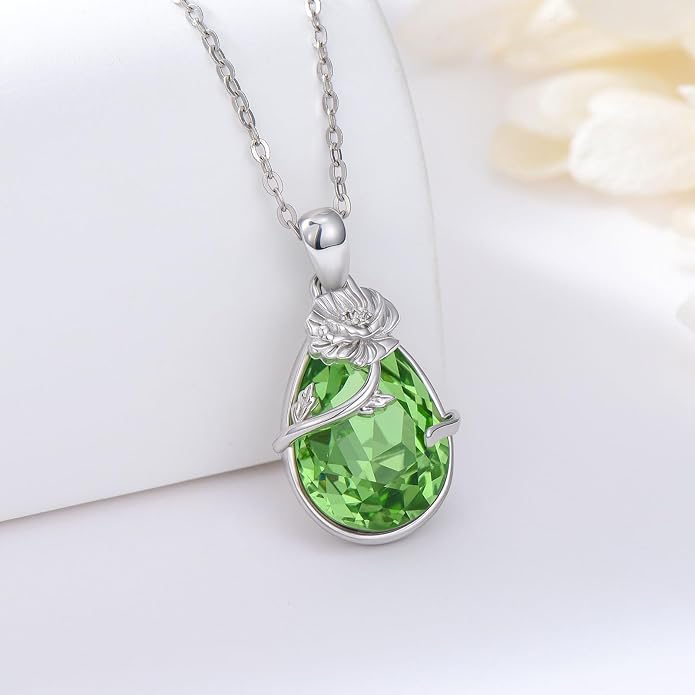 925 Sterling Silver Birth Flower Necklace with Teardrop Shaped Birthstone - 12 Colors, 12 Kinds of Flower - Ideal Birthday Jewelry Gift for Women, Mothers, Daughters & Wives