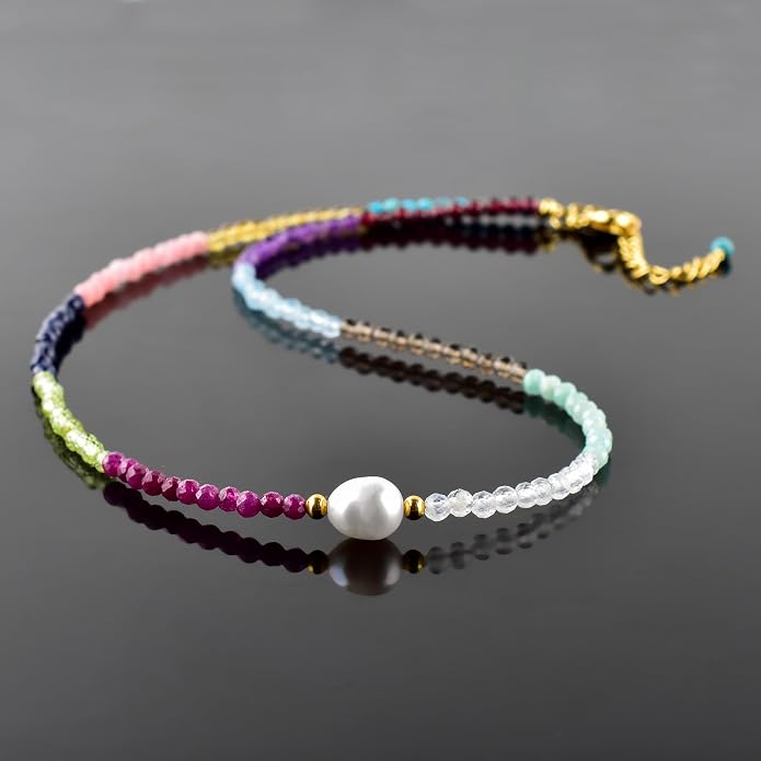 InfinityGemsArt Gemstone Gold Necklace For Women, Birthstone Natural Crystal Stone With Freshwater Pearl Beaded Jewelry, Gold Plated 18 Inch Chain