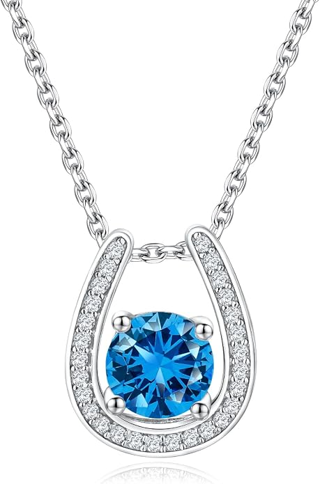 925 Sterling Silver Horseshoe Necklace for Women Round Gemstone Birthstone Necklace Sapphire/Emerald/Ruby/CZ Horse Shoe Pendant Necklaces Jewelry Gift