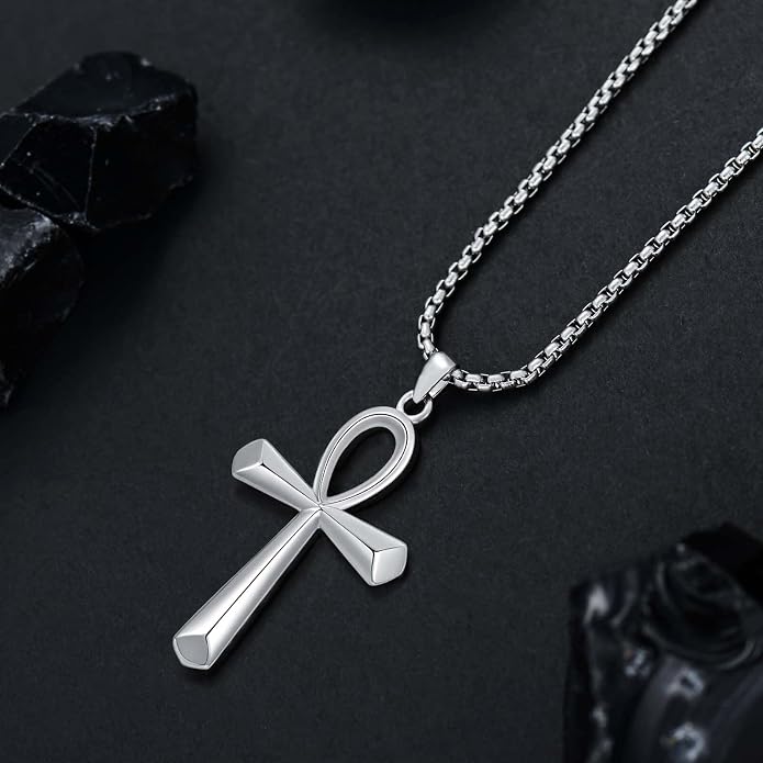 KXJ S925 Sterling Silver Black Cross/Best Dad/Baseball Bat/Silver Cross/Ankh Cross/Crucifix with 22+2 Inches Stainless Steel Rolo Chain Cross Necklace for Men Women Christian Religious Jewelry Gifts