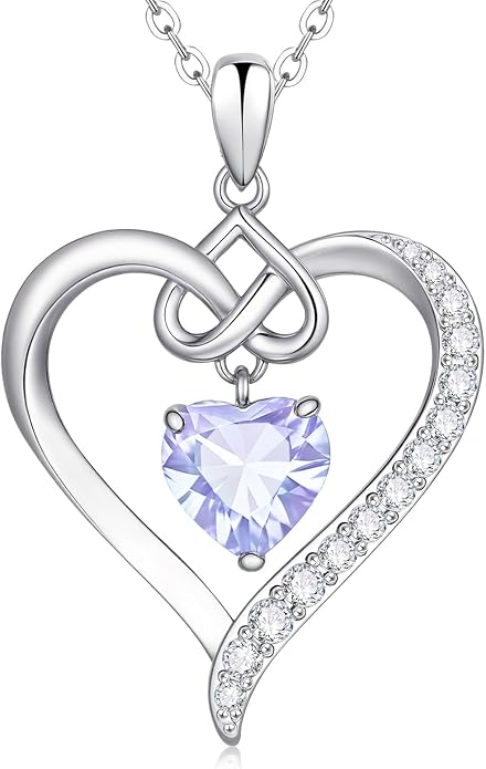 925 Sterling Silver Birthstone Heart Necklace for Women - Infinity Love Pendant with Cubic Zirconia, 12 Colors, Valentine's Day Gift for Her, 12 Months, Birthday Anniversary Christmas Jewelry Gifts