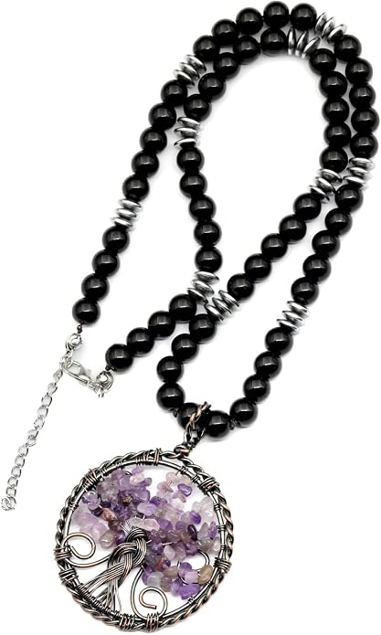ElisaJewelryArt - Natural Amethyst Big Tree Of Life Pendant Black Onyx Stone Beaded Necklace Genuine Gemstone Feng Shui Stone Clasp Closure Necklace Unisex Necklace