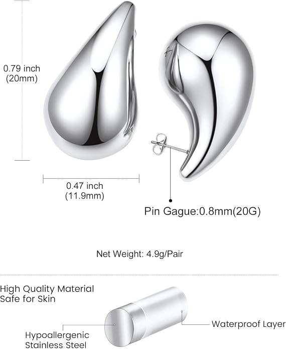 KeyStyle Chunky Gold Hoop Earrings for Women Trendy, Stainless Steel TearDrop Hoops Earring, Lightweight Water Drop Ear Jewerly