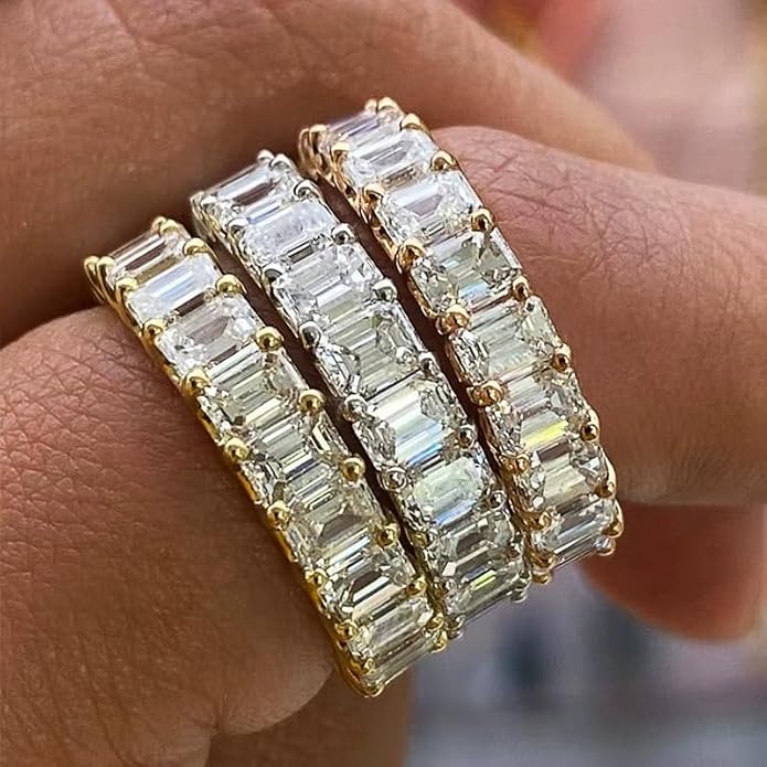Cubic Zirconia Ring for Women, Emerald Cut Cubic Zirconia Eternity Ring, Fashion Wedding Band Style, Continuous Diamond Design