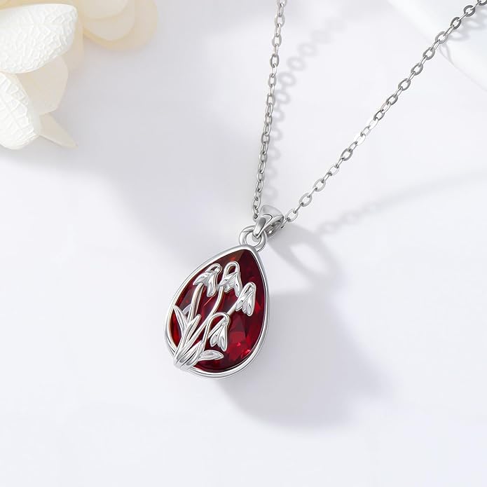 925 Sterling Silver Birth Flower Necklace with Teardrop Shaped Birthstone - 12 Colors, 12 Kinds of Flower - Ideal Birthday Jewelry Gift for Women, Mothers, Daughters & Wives